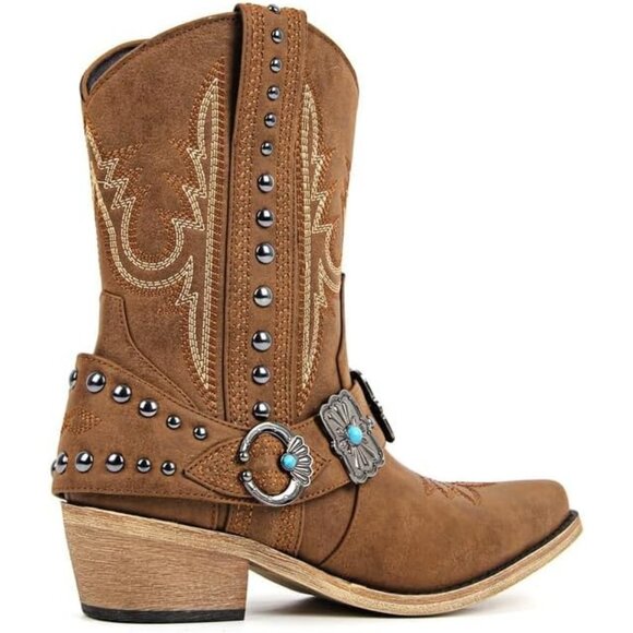 ⚡Women's Brown Ankle High Embroidery Pointed Toe Cowgirl Western Boots - Picture 3 of 6
